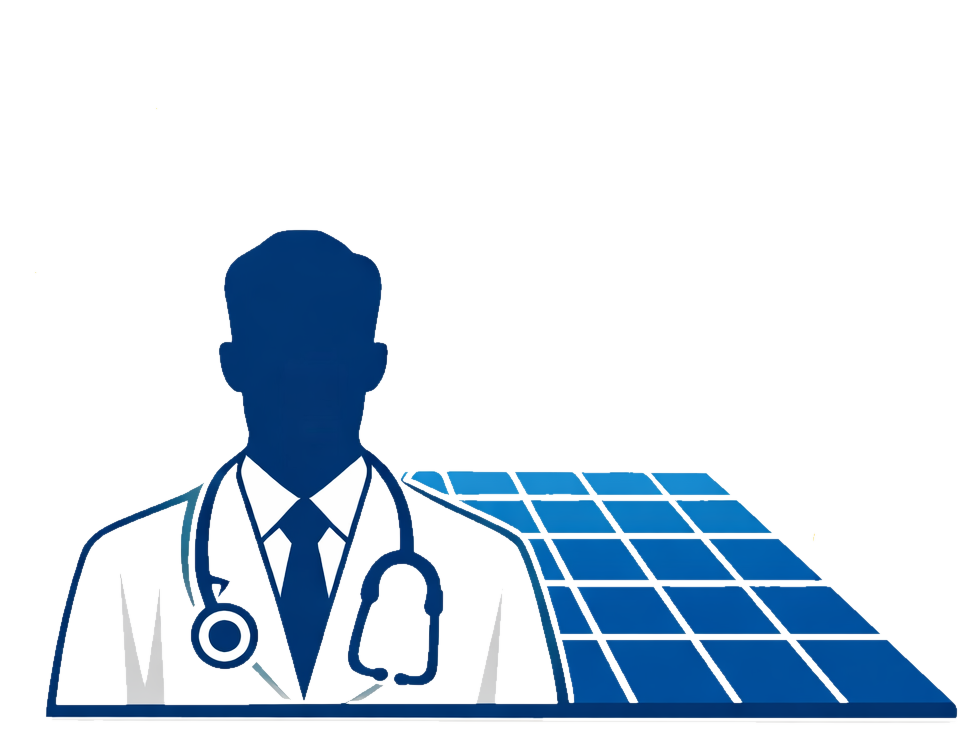 Doctor Solar illustration — a doctor with a stethoscope beside a solar panel